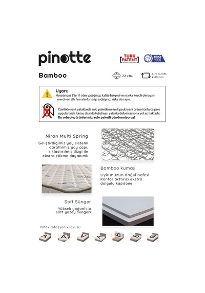 Pinotte Bamboo Lüks Ortopedik Bebek Yatağı 60 x 120 Cm