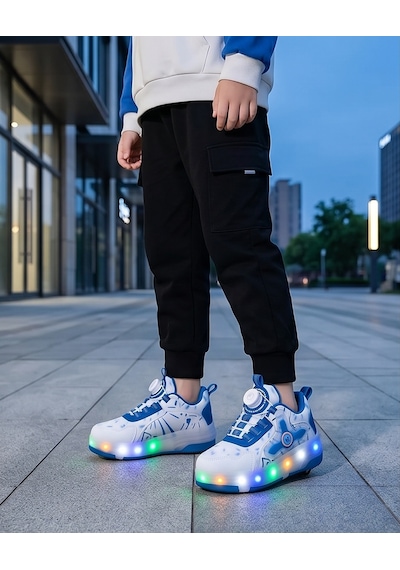 2256-n-drops Led Işıklı Çift Tekerlekli Akıllı Bağcıklı Unisex Çocuk Patenli Ayakkabı Beyaz - Mavi