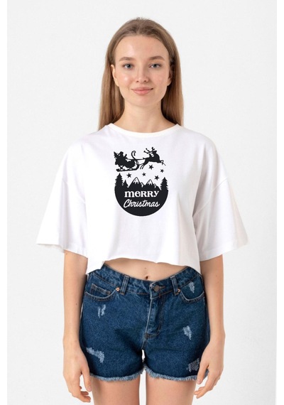 Merry Christmas Sleigh Beyaz Kadın Crop Tshirt Beyaz