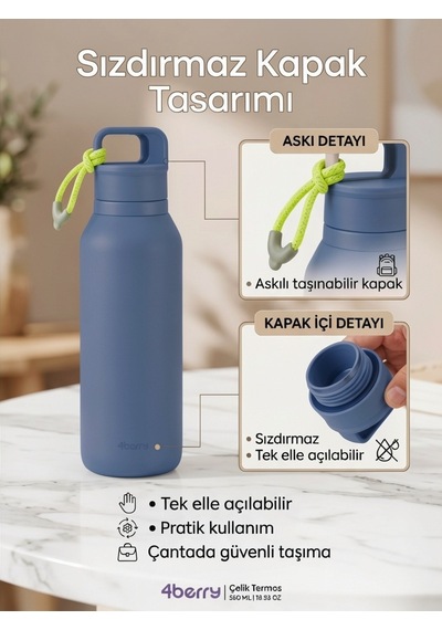 Çelik Termos 560 Ml Paslanmaz Çelik Çift Duvarlı Sızdırmaz Kapaklı Askılı Taşınabilir Sıcak Soğuk Termos - Mavi Lacivert