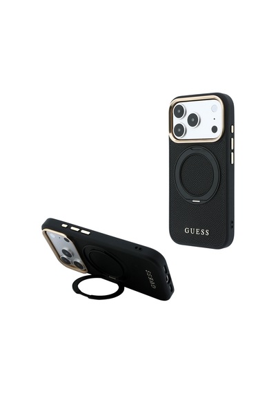 Apple iPhone Uyumlu 18 Pro Max Kılıf Guess Lisanslı M-safe Özellikli 360 Standlı Pu Metal Yazı Logolu Kapak Siyah