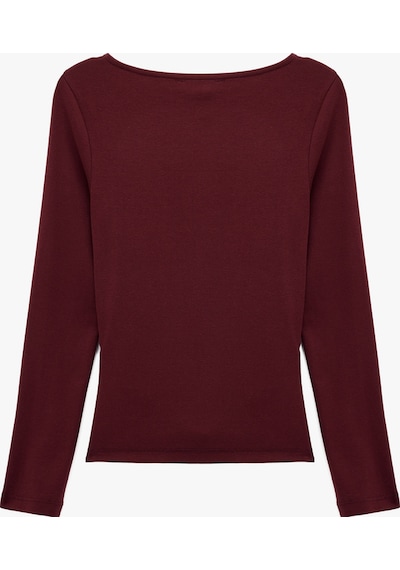 Koton Pamuklu Slim Fit Büzgülü Kayık Yaka Uzun Kollu Tişört Bordo 7wal10134ık