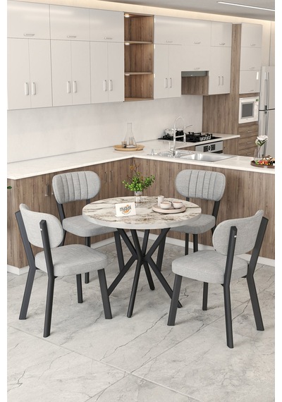 Gnr 90cm Sabit Efes Mutfak Masası Takımı, Yemek Masası, 4 Modern Gri Sandalye Gri