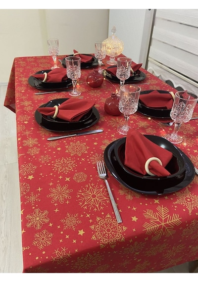 Sıvı Geçirmez Dertsiz Masa Örtüsü Yılbaşı Kırmızı Renk