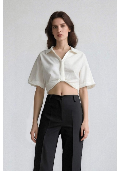 Defacto Cropped Fit Gömlek Yaka Keten Görünümlü Kısa Kollu Bluz C7799ax25spwt32 Beyaz