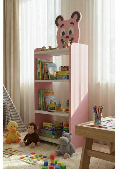 Çocuk Mobilya Seti Happy Face Masa Sandalye ve 4 Raflı Kitaplık Sevimli Figürlü Pembe
