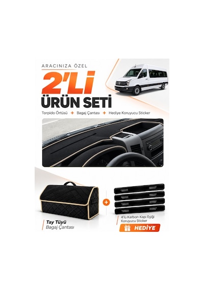 E-biz Volkswagen Crafter 2006-2014 Uyumlu Torpido Örtüsü + Tay Tüyü Çanta - Siyah-bej - Mb020