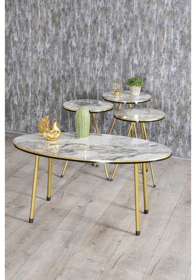 Zigon Sehpa Ve Orta Sehpa Elips Set Çift Gold Metal Beyaz Mermer Desen