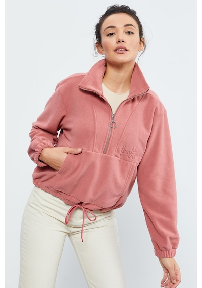 Tommy Life Yaban Gülü Yarım Fermuar Etek Ucu Büzgülü Kadın Polar Oversize Sweatshirt - 97171 Pembe