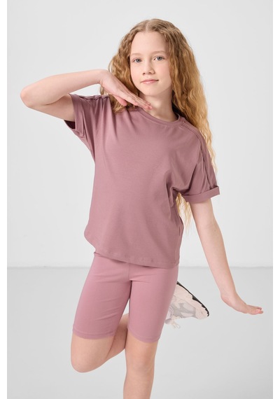Gül Kurusu Pamuklu O Yaka Oversize Fit Basic Kız Çocuk T-shirt - 75182 Gülkurusu