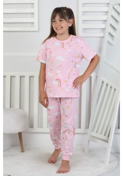 %100 Pamuk Gökkuşağı Desenli Kısa Kollu Manşetli Paça Kız Çocuk Pijama Takımı 3-8 Yaş Pembe