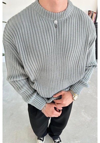 Gri Bisiklet Yaka Fitilli Oversize Triko Kazak Gri