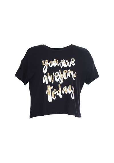 Ysatis Oversize Crop Bluz: Kısa Kol Yuvarlak Yaka Günlük Kadın Siyah