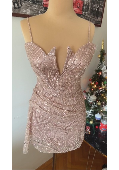 Chica Rosa Fashion Pul İşlemeli Göğüs Dekolteli Kısa Elbise Bronz