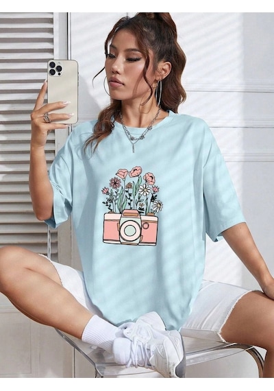 Startmore Çiçekli Kamera Baskılı Oversize T-shirt Garalio Bebe Mavisi