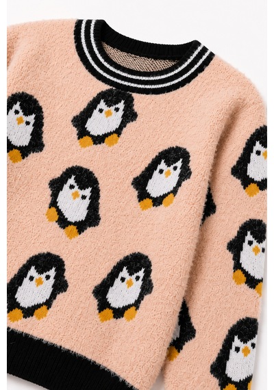 Penguen Desenli Kız Çocuk Kazak 23212 Somon