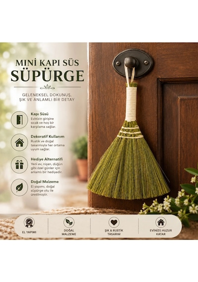 Mini Süpürge Tasarımlı Kapı Süsü - Hasır Saplı - El Yapımı Rustik Dekor Çok Renkli