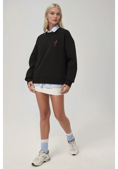 Hiccup Rahat Hayvan Nakışlı Şardonlu Bisiklet Yaka Hoodie Siyah