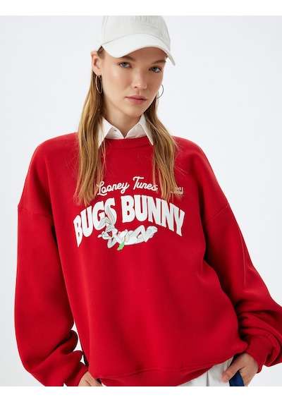 Koton Bugs Bunny Oversize Sweatshirt Arkası Baskılı Şardonlu Lisanslı Kırmızı 5wal10608ık Kırmızı
