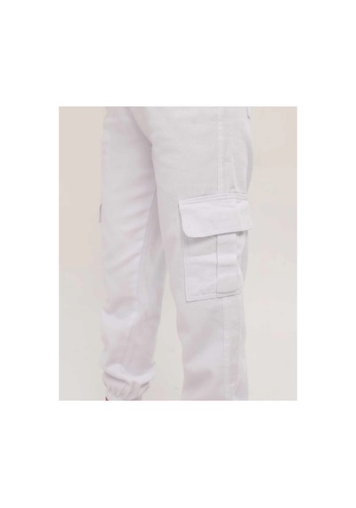 Kene Jeans Paça Lastik Kargo Cep Keten Mom Pantolon Beyaz