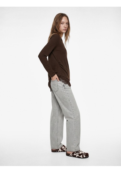 Koton Slim Fit Uzun Kollu Viskon Karışımlı Dantel Detaylı Asimetrik Tişört Kahverengi 6sal10387ık Kahve