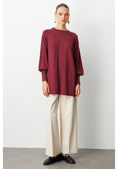 Mizalle Premium Rayon Balon Kol Mürdüm Triko Kazak Mürdüm
