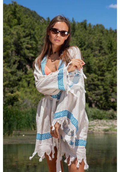 Dokubba Plaj Kimono - Ağaç Baskılı - Keten Dokuma Krem -mavi Krem -mavi