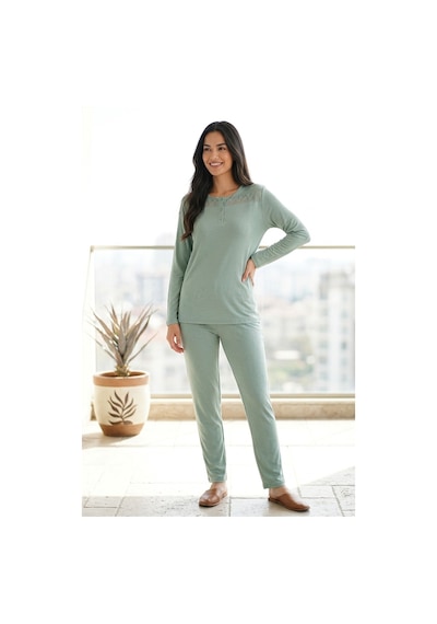 Mataş Kadın Dantelli Bambu Viskon Uzun Kollu Mevsimlik Soft Örme Yumuşak Pijama Takımı Yeşil