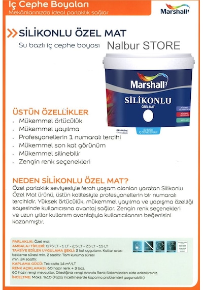 Marshall Özel Mat Duvar Boyası 15Lt=20Kg+Silikonlu-Tam Silinebili (280416038)