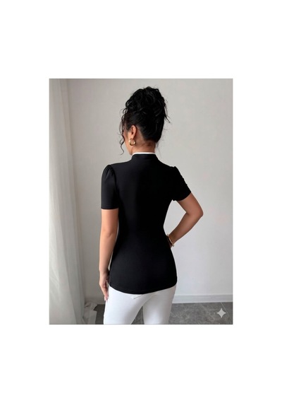 Butik İstanbul Kadın Beyaz Şerit Detaylı Dar Kesim Dik Yaka Bluz Siyah