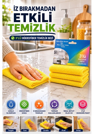 Sarı 3'lü Mikrofiber Temizlik Bezi 35x35 Cm Çok Amaçlı Mutfak Cam Banyo Silme Ve Kurulama Bezi