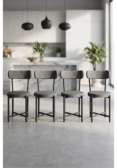 Sandalye 4 Adet Keten Kumaş Metal Ayak Modern Mutfak Sandalyesi Cafe Balkon Ofis Teddy Antrasit