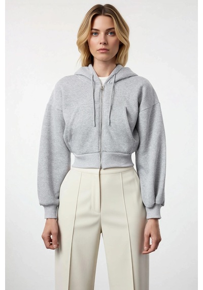 Benerly Kadın Kapüşonlu Düşük Kol Fermuarlı Örme Sweatshirt Fonksiyonel D Gri Melanj