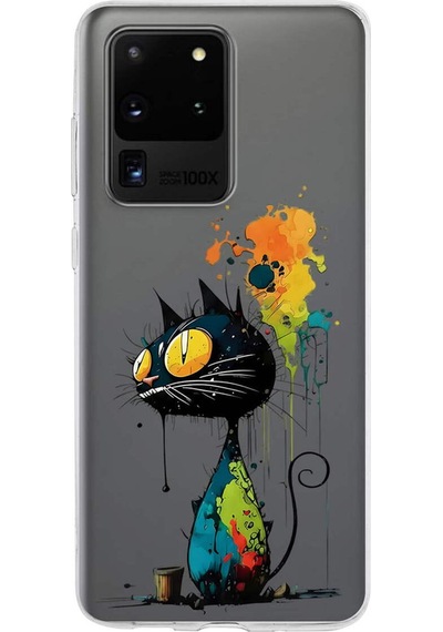 Samsung Galaxy S20 Ultra İle Uyumlu Splash Kedi Tasarımlı Şeffaf Silikon Kılıf Şeffaf