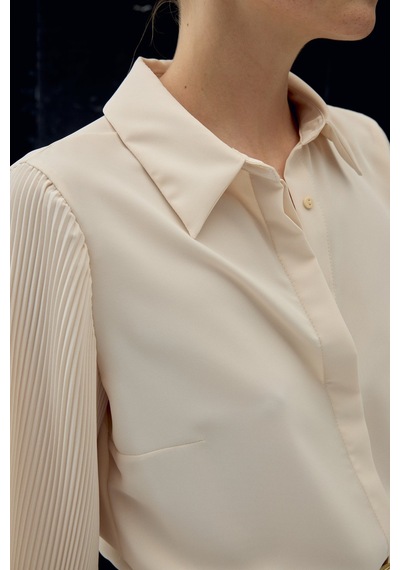 Sateen Plise Kollu Gömlek - Bej-137086 bej