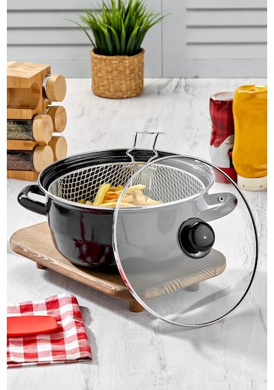 Polochef Emaye Kızartma Tenceresi 24 Cm Siyah Fritöz Telli Siyah