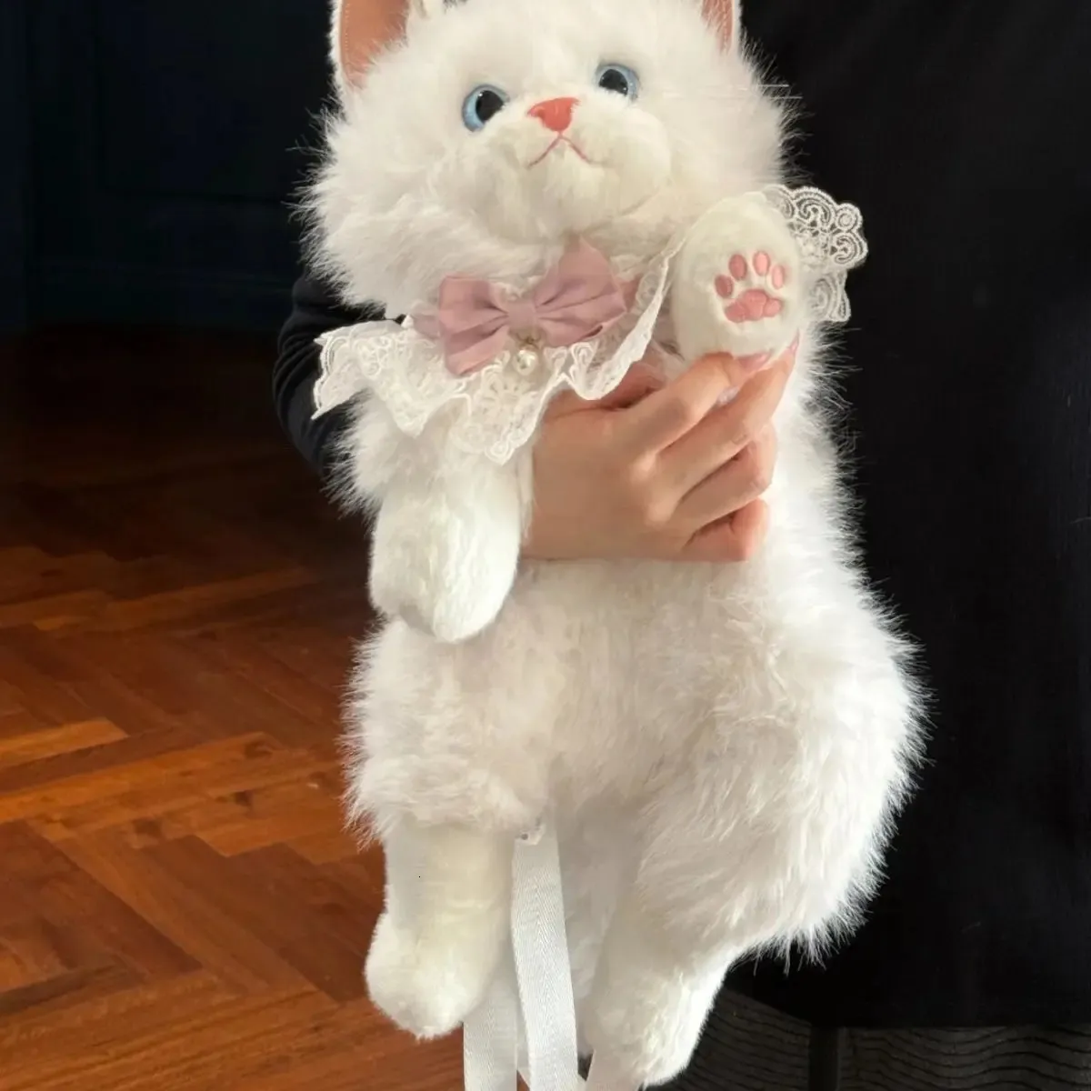 Mumicemum Kedi Sırt Çantası Büyük Boy Beyaz Peluş Fermuarlı Çocuk Sırt Çantası