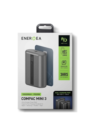 Compac Mini 3 10.000 Mah Dijital Gösterge 20w Type-c Ve 18w Usb Pd Hızlı Şarj Powerbank - Koyu Gri Koyu Gri
