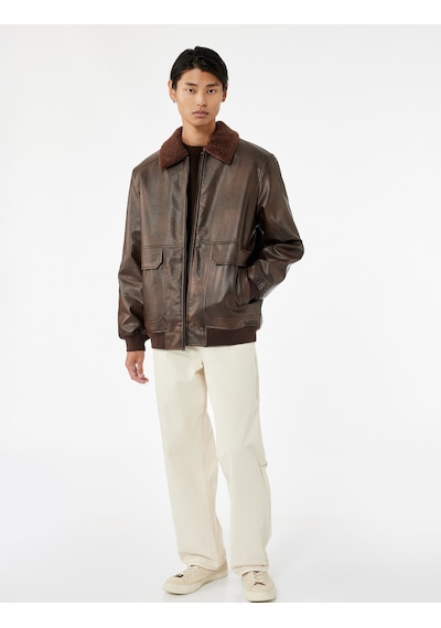 Koton Uzun Kollu Cep Detaylı Slim Fit Fermuarlı Peluş Yaka Kışlık Suni Deri Ceket Kahverengi 6wam20127hw Kahverengi