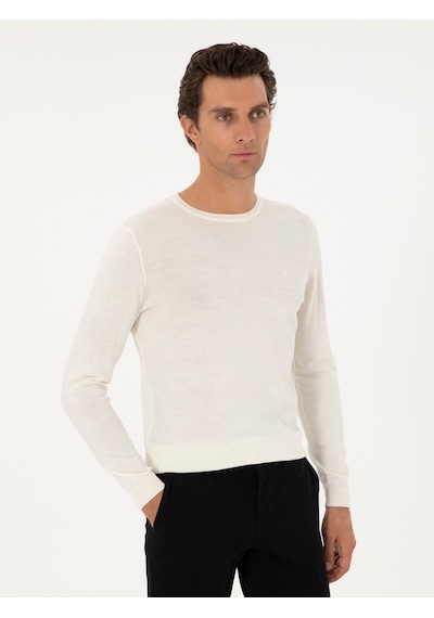 Cacharel Beyaz Slim Fit Yün Karışımlı Bisiklet Yaka Basic Triko Kazak