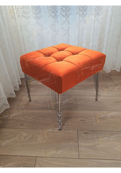 Modern Dilim Puf Ayakucu Puf Gümüş Metal Ayak 45 45 Turuncu