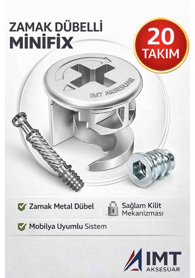 İmt Aksesuar Zamak Metal Dübelli Minifix Gövde Mil Ve Dübel Seti - Mobilya Ve Dolap Bağlantı Elemanı 20 Takım Metalik