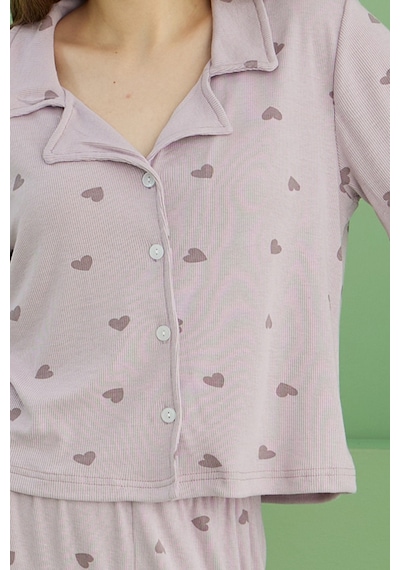 Siyah İnci Fitilli Kaşkorse Örme Düğmeli Gömlek Yaka Pijama Takım Lila