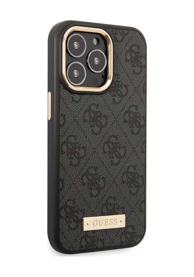 Apple Uyumlu iPhone 15 Pro Max Kılıf Guess Lisanslı M-safe 4g Desenli Pu Metal Plaka Logolu Siyah Siyah
