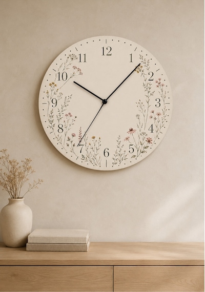 AA Shop Dekoratif Baskılı Ahşap Botanik Desenli Duvar Saati Sessiz Akar Mekanizmalı Modern Çiçek Ve Yaprak 825 Çoklu Renkli