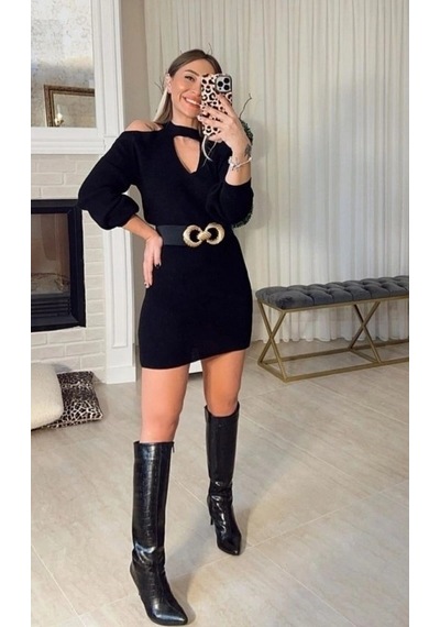 Defymoda Kadın Uzun Kollu Omuzları Açık Boyundan Şerit Detay Kaşkorse Elbise Siyah