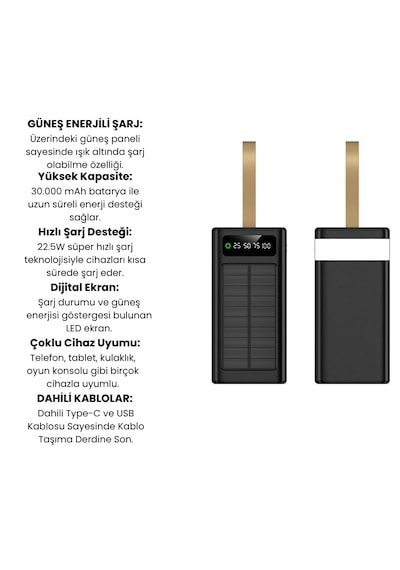 30000 Mah Solar Powerbank Güneş Enerjili Taşınabilir Şarj Cihazı 22.5w Hızlı Şarj Dahili Kablolu Çoklu Çıkış Dijital Ekran Siyah - Siyah