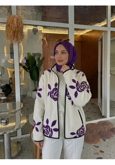Trend Paris Gül Desenli Polar Hırka / Fermuarlı Ceket Mor Standart