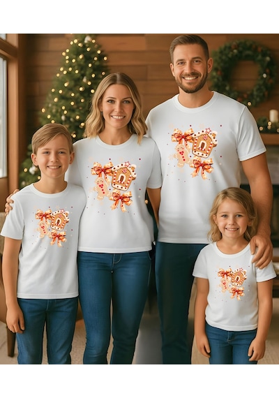 Yeni Yıl Christmas Temalı Baskılı Aile Kombin Tişört Kombin Yapmak İçin Ürün Ekleyiniz Beyaz