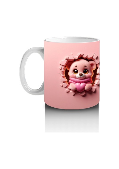 Pembe Çiçekli Çatlakta Sevimli Ayıcık Ve Arka Yüzü Baskılı Kahve Kupası Renkli